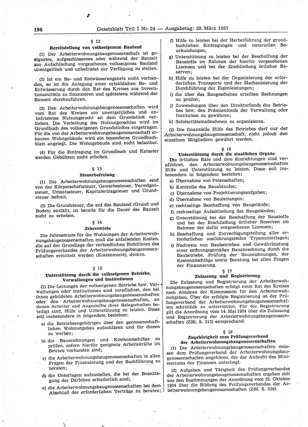 Gesetzblatt (GBl.) der Deutschen Demokratischen Republik (DDR) Teil Ⅰ 1957, Seite 196 (GBl. DDR Ⅰ 1957, S. 196)