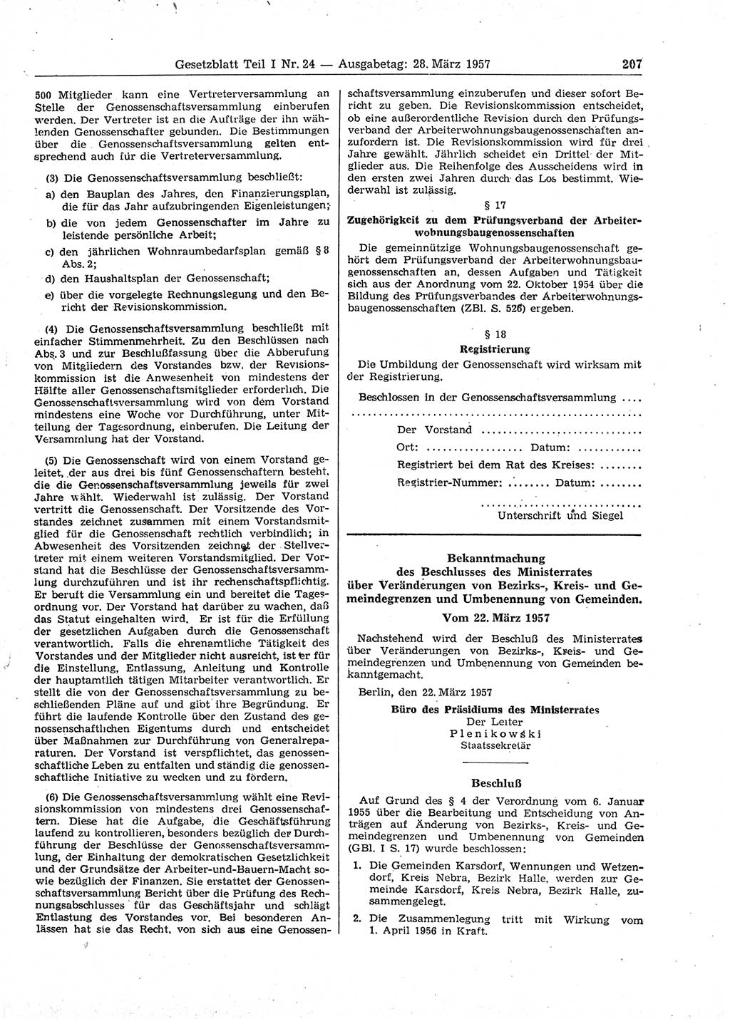 Gesetzblatt (GBl.) der Deutschen Demokratischen Republik (DDR) Teil Ⅰ 1957, Seite 207 (GBl. DDR Ⅰ 1957, S. 207)