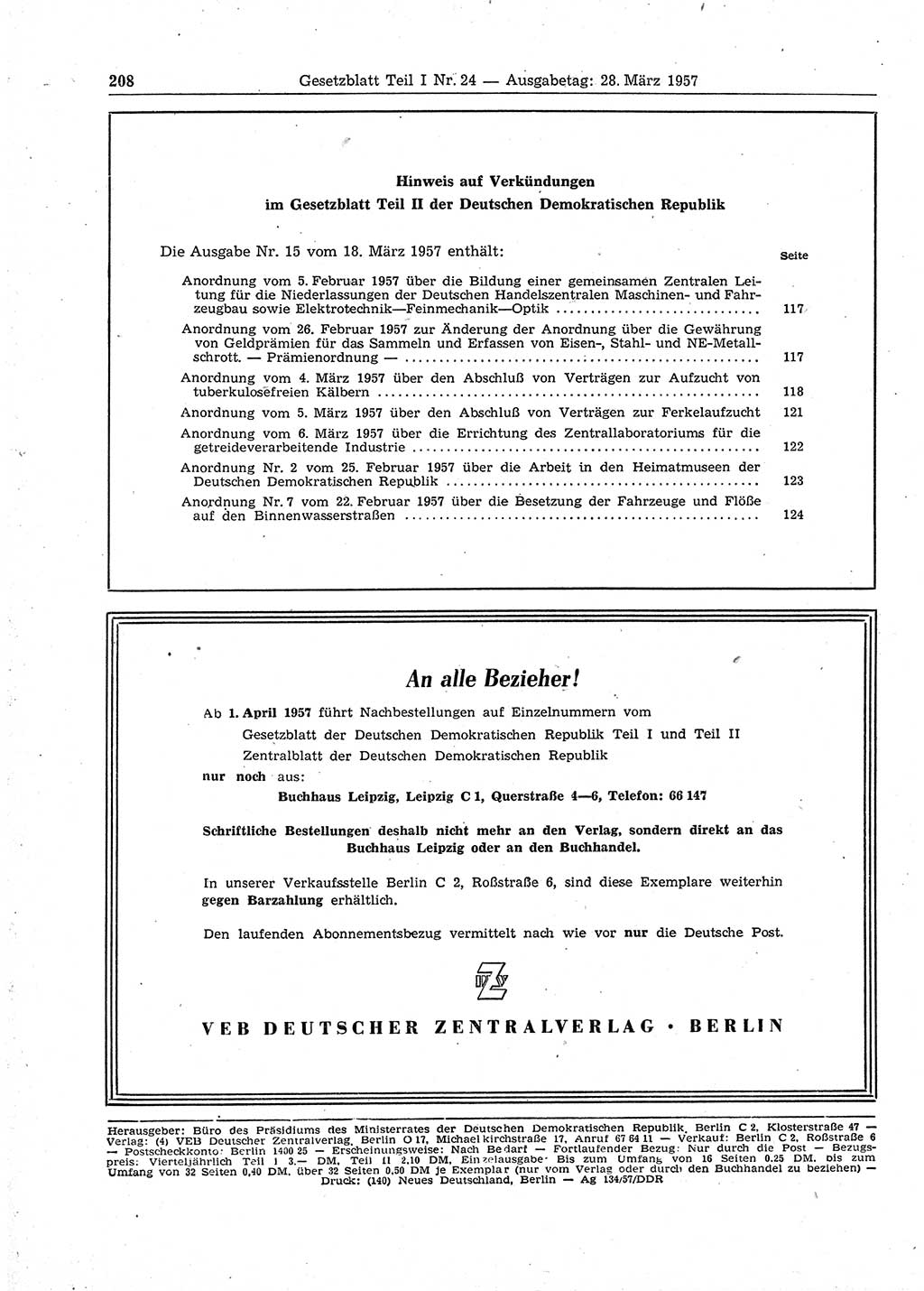 Gesetzblatt (GBl.) der Deutschen Demokratischen Republik (DDR) Teil Ⅰ 1957, Seite 208 (GBl. DDR Ⅰ 1957, S. 208)