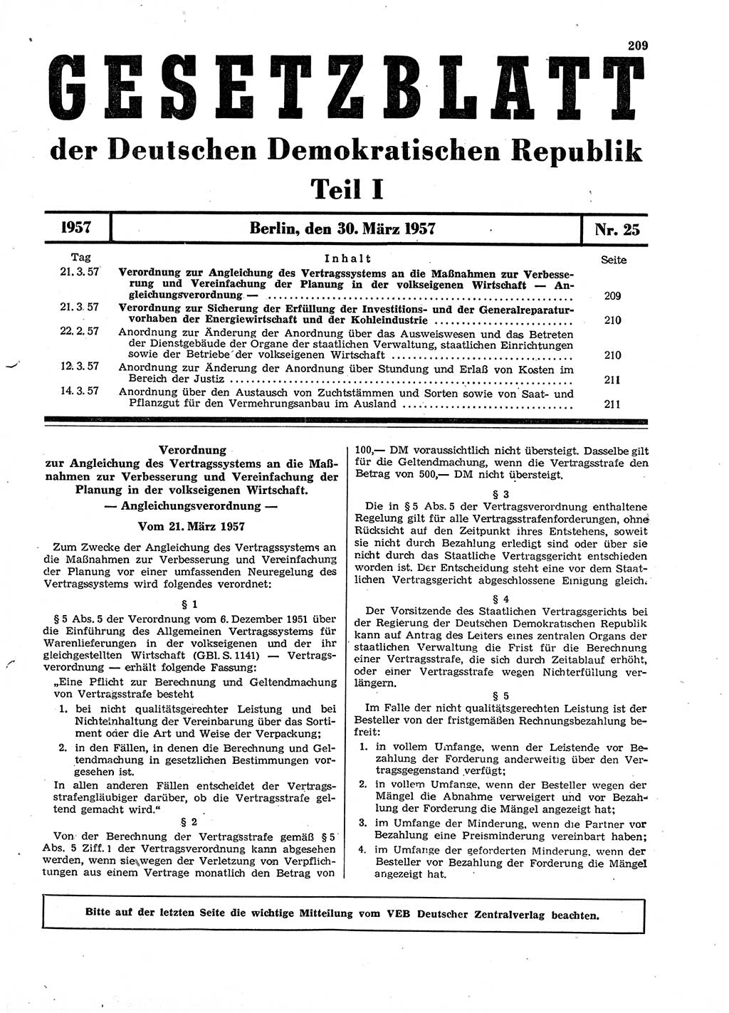 Gesetzblatt (GBl.) der Deutschen Demokratischen Republik (DDR) Teil Ⅰ 1957, Seite 209 (GBl. DDR Ⅰ 1957, S. 209)