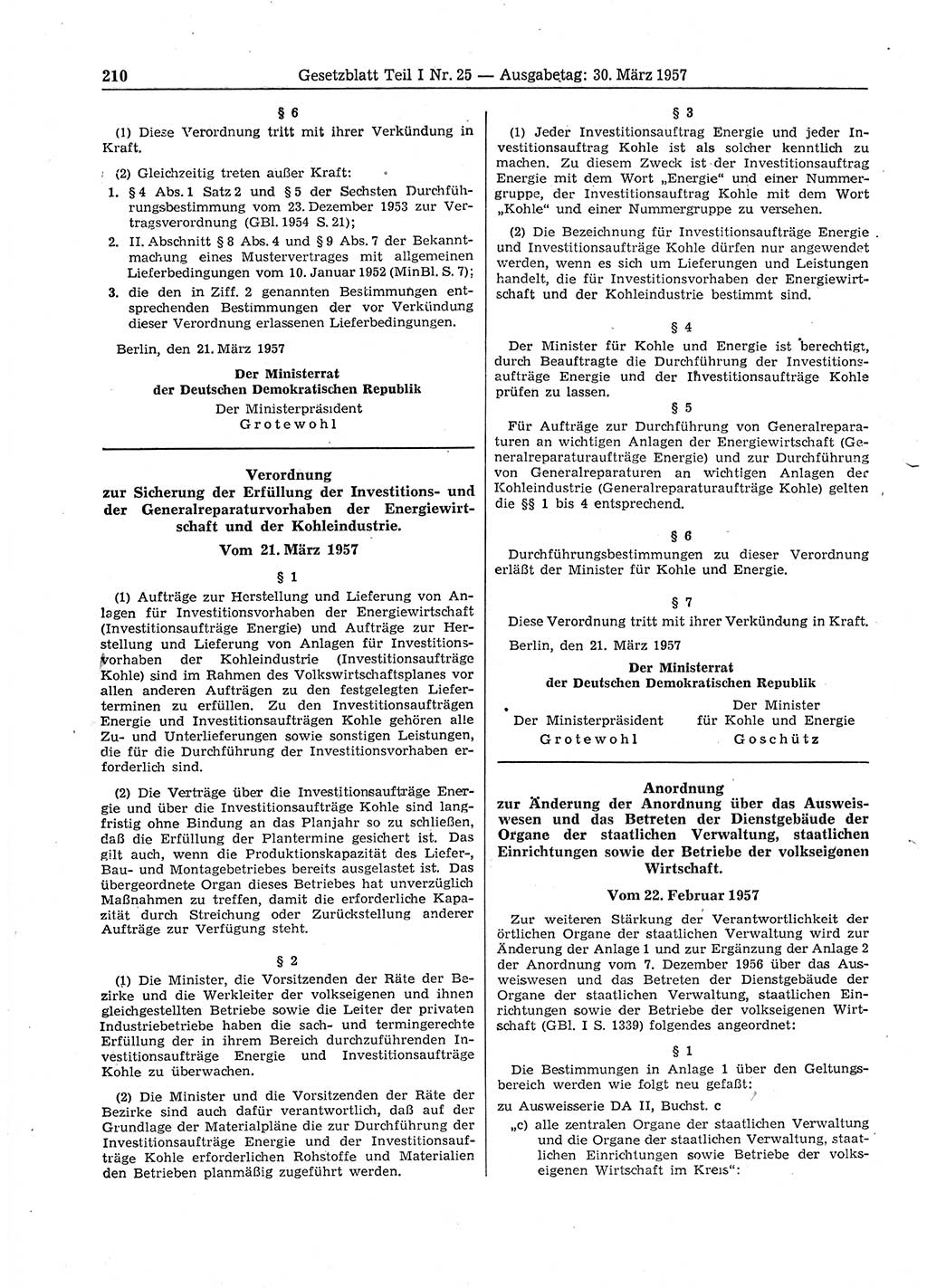 Gesetzblatt (GBl.) der Deutschen Demokratischen Republik (DDR) Teil Ⅰ 1957, Seite 210 (GBl. DDR Ⅰ 1957, S. 210)