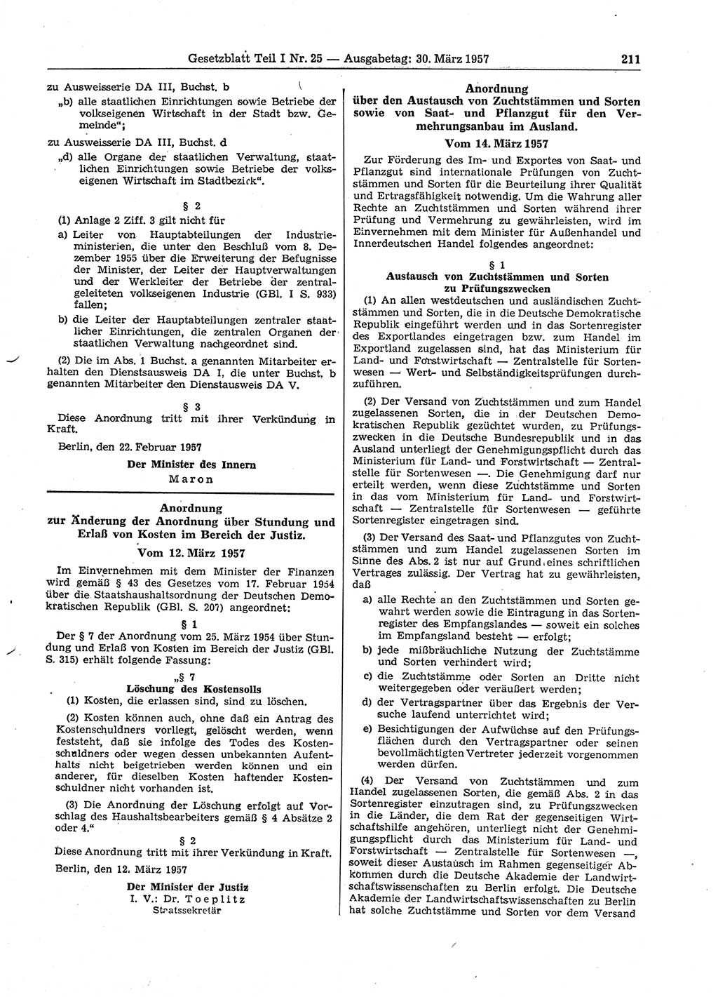 Gesetzblatt (GBl.) der Deutschen Demokratischen Republik (DDR) Teil Ⅰ 1957, Seite 211 (GBl. DDR Ⅰ 1957, S. 211)