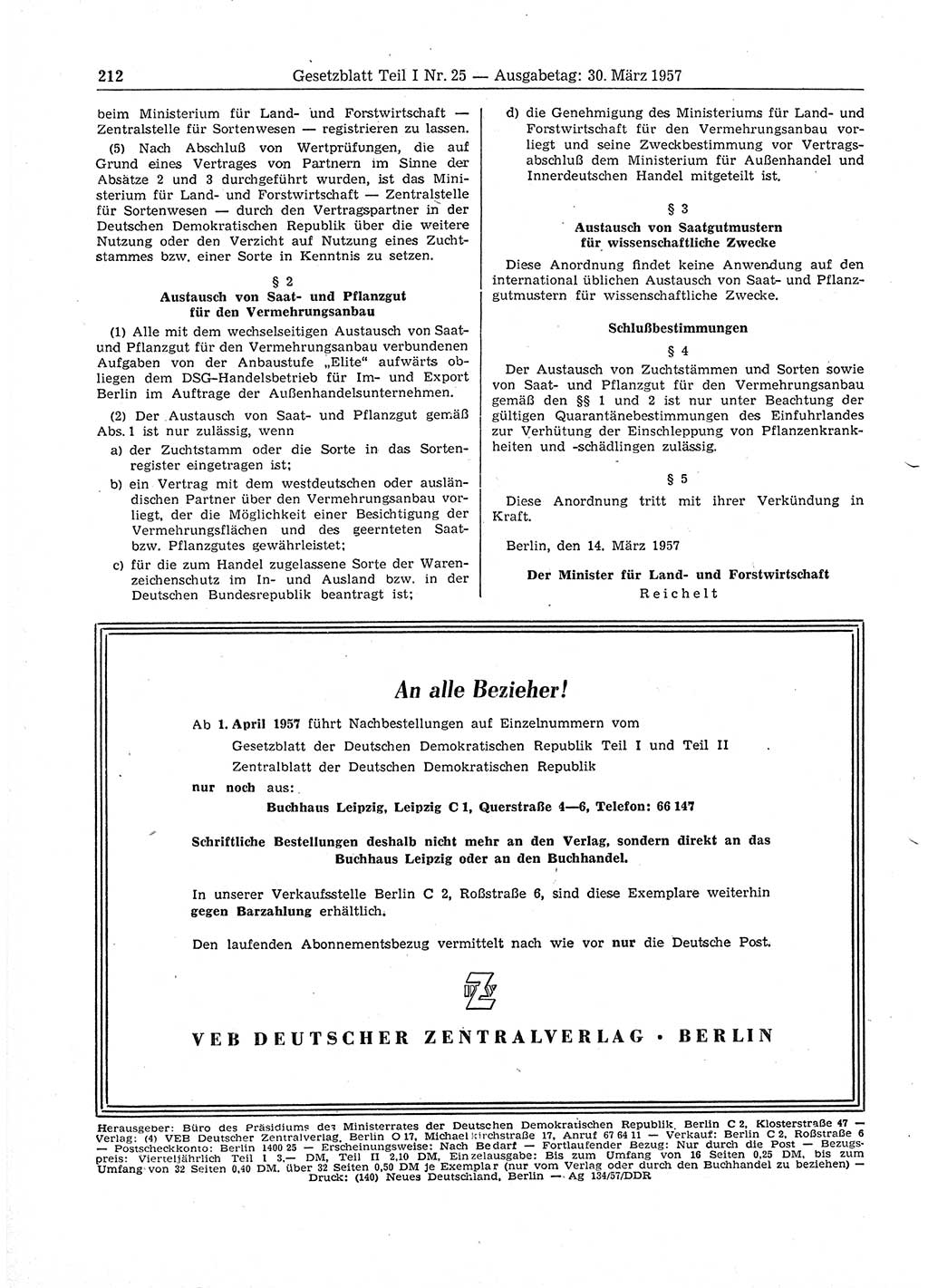 Gesetzblatt (GBl.) der Deutschen Demokratischen Republik (DDR) Teil Ⅰ 1957, Seite 212 (GBl. DDR Ⅰ 1957, S. 212)