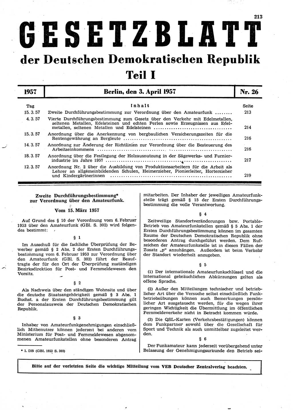 Gesetzblatt (GBl.) der Deutschen Demokratischen Republik (DDR) Teil Ⅰ 1957, Seite 213 (GBl. DDR Ⅰ 1957, S. 213)