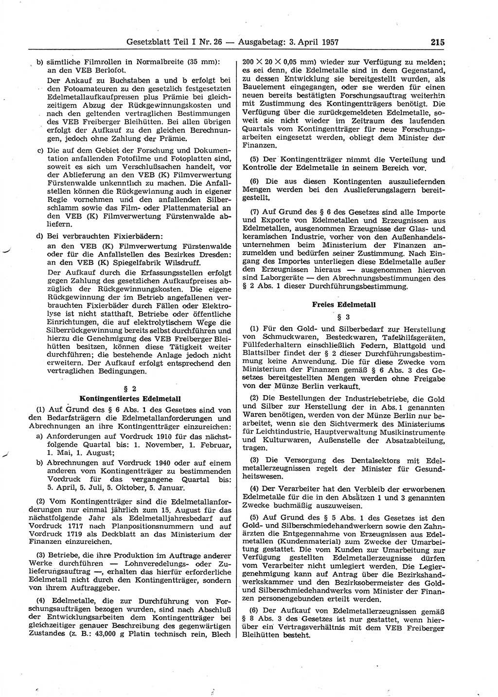 Gesetzblatt (GBl.) der Deutschen Demokratischen Republik (DDR) Teil Ⅰ 1957, Seite 215 (GBl. DDR Ⅰ 1957, S. 215)