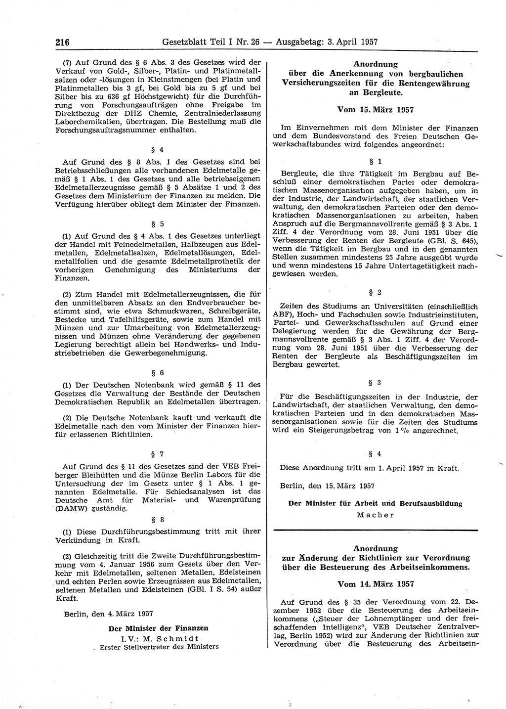 Gesetzblatt (GBl.) der Deutschen Demokratischen Republik (DDR) Teil Ⅰ 1957, Seite 216 (GBl. DDR Ⅰ 1957, S. 216)