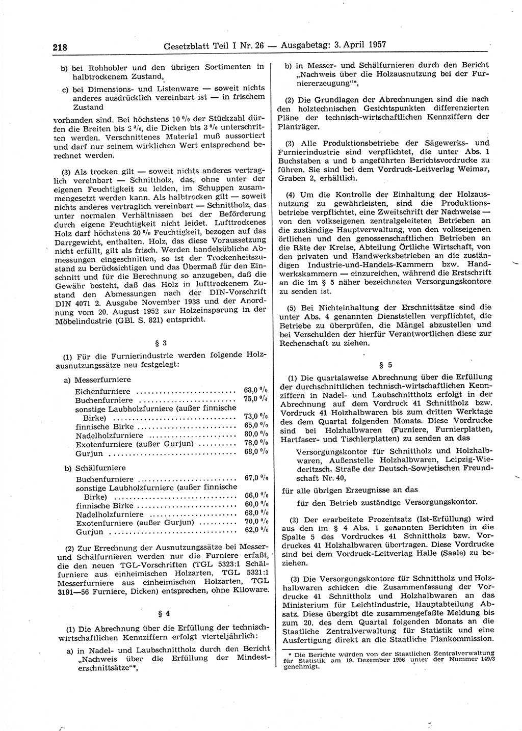 Gesetzblatt (GBl.) der Deutschen Demokratischen Republik (DDR) Teil Ⅰ 1957, Seite 218 (GBl. DDR Ⅰ 1957, S. 218)