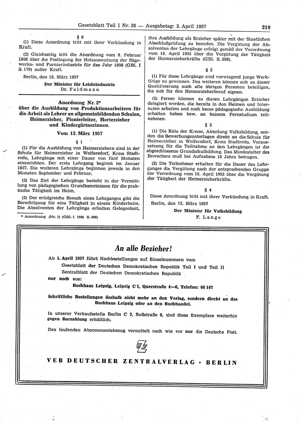 Gesetzblatt (GBl.) der Deutschen Demokratischen Republik (DDR) Teil Ⅰ 1957, Seite 219 (GBl. DDR Ⅰ 1957, S. 219)