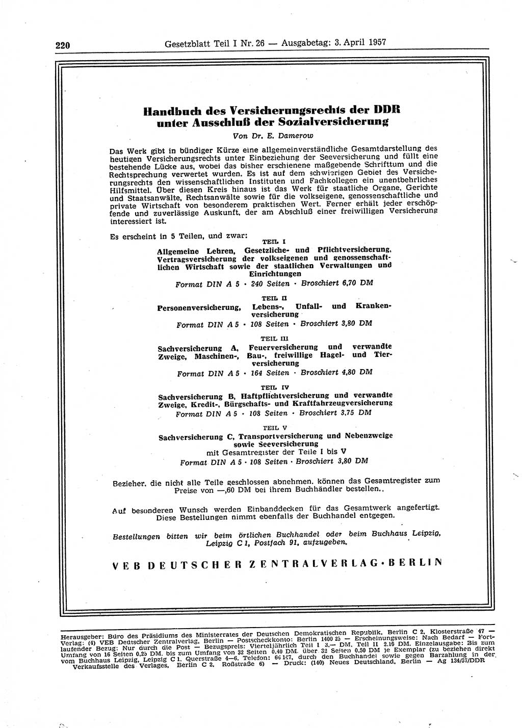 Gesetzblatt (GBl.) der Deutschen Demokratischen Republik (DDR) Teil Ⅰ 1957, Seite 220 (GBl. DDR Ⅰ 1957, S. 220)