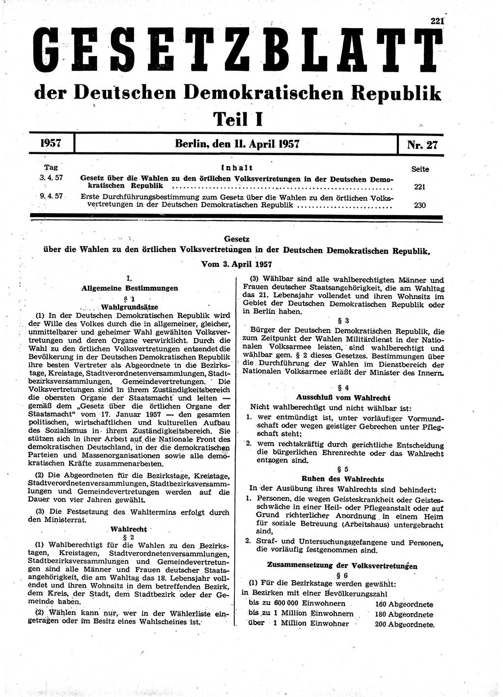 Gesetzblatt (GBl.) der Deutschen Demokratischen Republik (DDR) Teil Ⅰ 1957, Seite 221 (GBl. DDR Ⅰ 1957, S. 221)