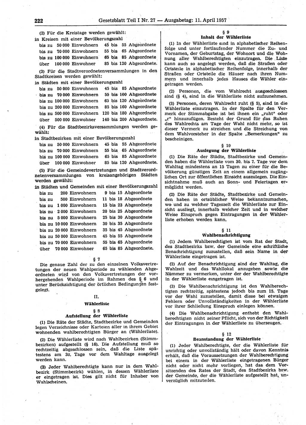 Gesetzblatt (GBl.) der Deutschen Demokratischen Republik (DDR) Teil Ⅰ 1957, Seite 222 (GBl. DDR Ⅰ 1957, S. 222)