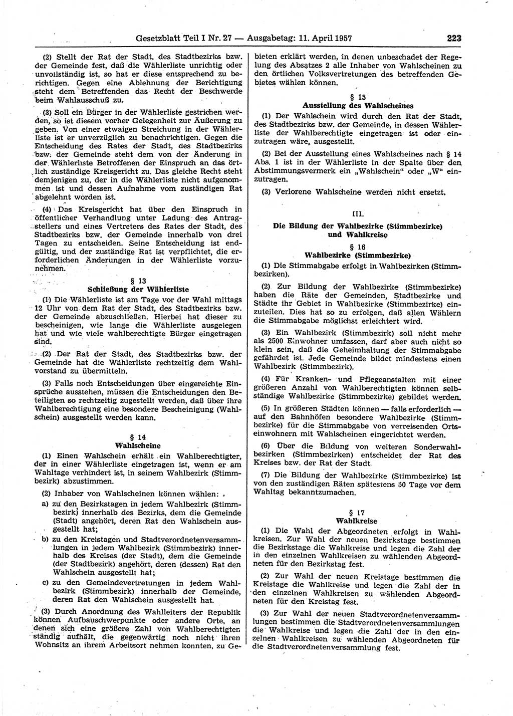 Gesetzblatt (GBl.) der Deutschen Demokratischen Republik (DDR) Teil Ⅰ 1957, Seite 223 (GBl. DDR Ⅰ 1957, S. 223)