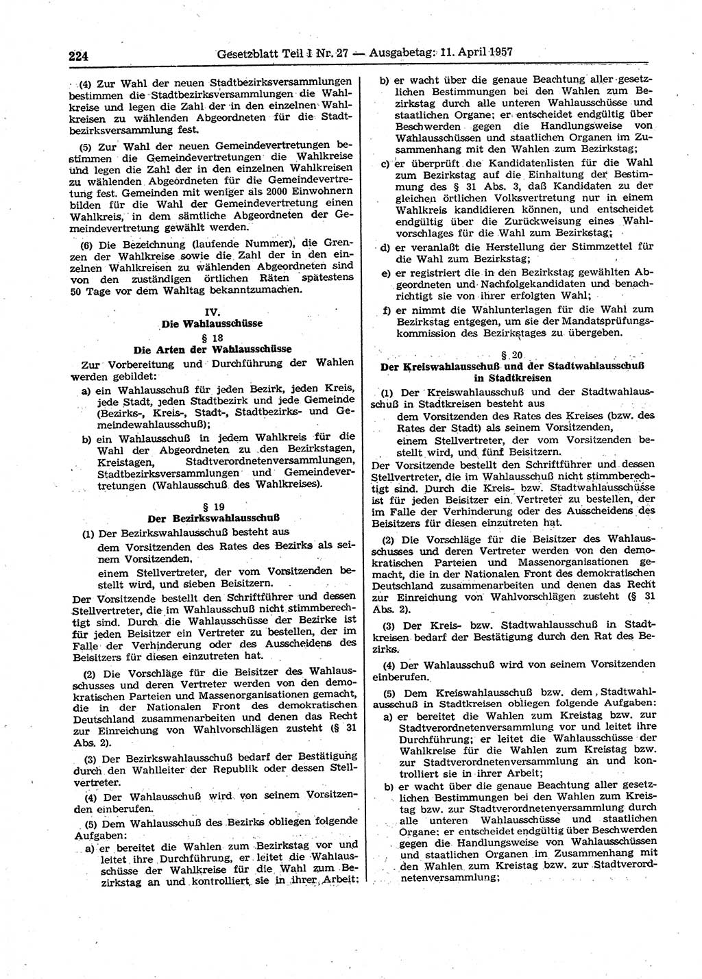 Gesetzblatt (GBl.) der Deutschen Demokratischen Republik (DDR) Teil Ⅰ 1957, Seite 224 (GBl. DDR Ⅰ 1957, S. 224)