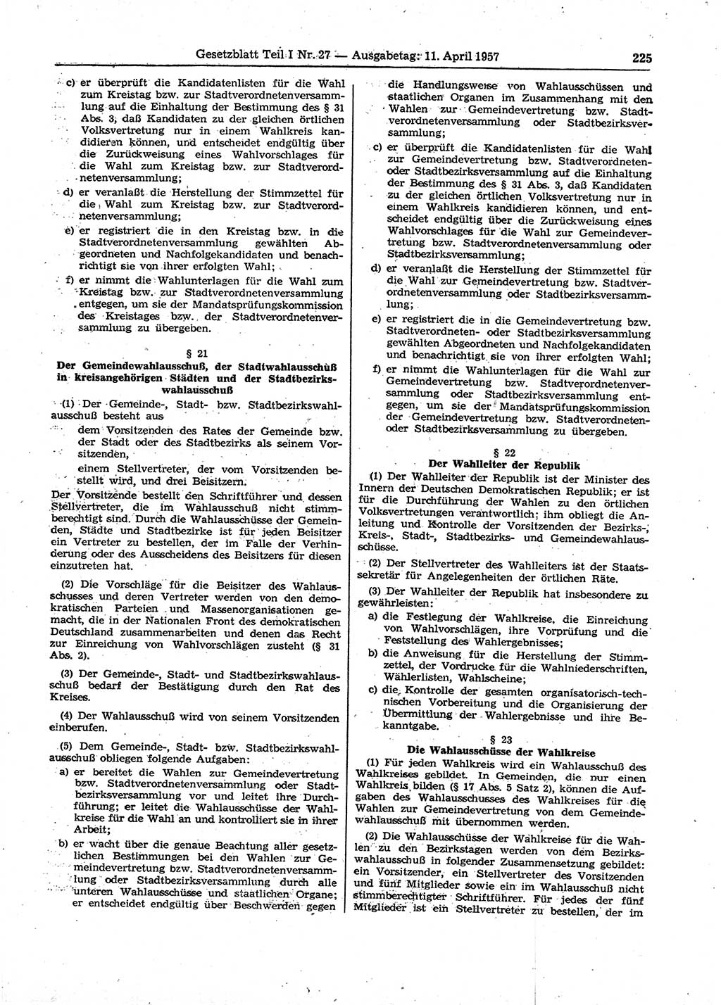 Gesetzblatt (GBl.) der Deutschen Demokratischen Republik (DDR) Teil Ⅰ 1957, Seite 225 (GBl. DDR Ⅰ 1957, S. 225)