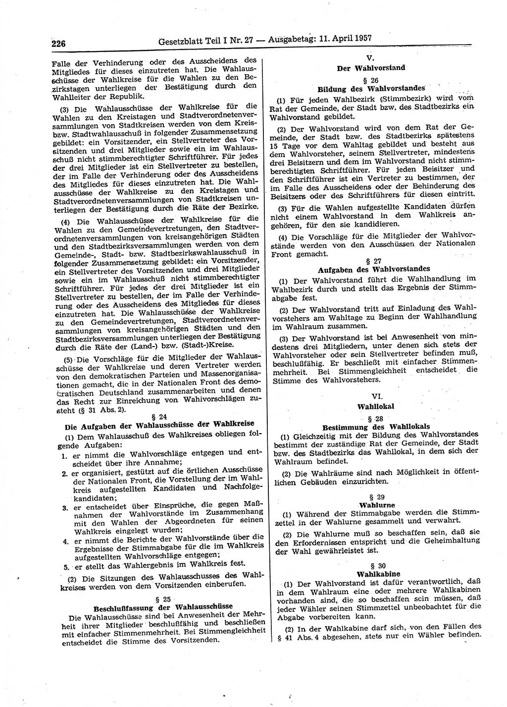 Gesetzblatt (GBl.) der Deutschen Demokratischen Republik (DDR) Teil Ⅰ 1957, Seite 226 (GBl. DDR Ⅰ 1957, S. 226)