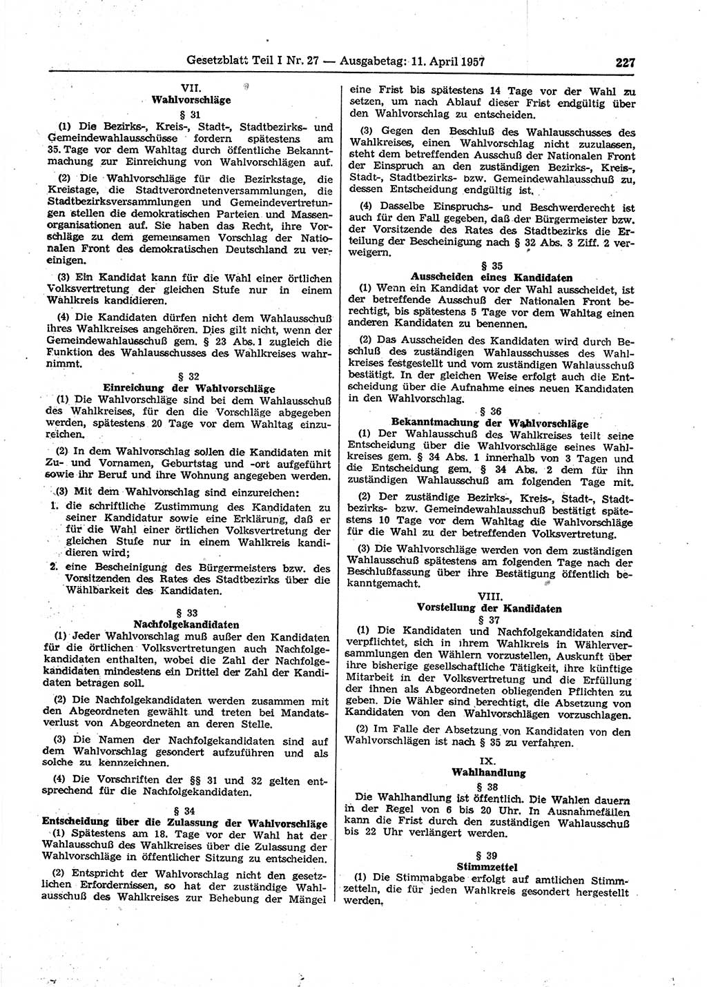 Gesetzblatt (GBl.) der Deutschen Demokratischen Republik (DDR) Teil Ⅰ 1957, Seite 227 (GBl. DDR Ⅰ 1957, S. 227)