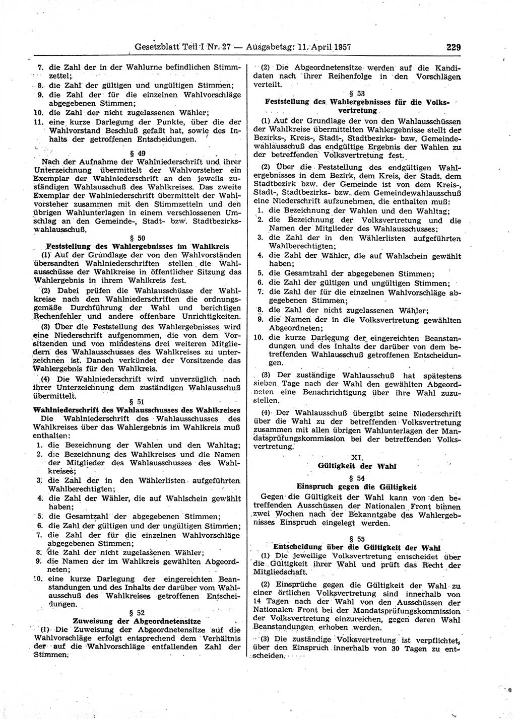 Gesetzblatt (GBl.) der Deutschen Demokratischen Republik (DDR) Teil â… 1957, Seite 229 (GBl. DDR â… 1957, S. 229)