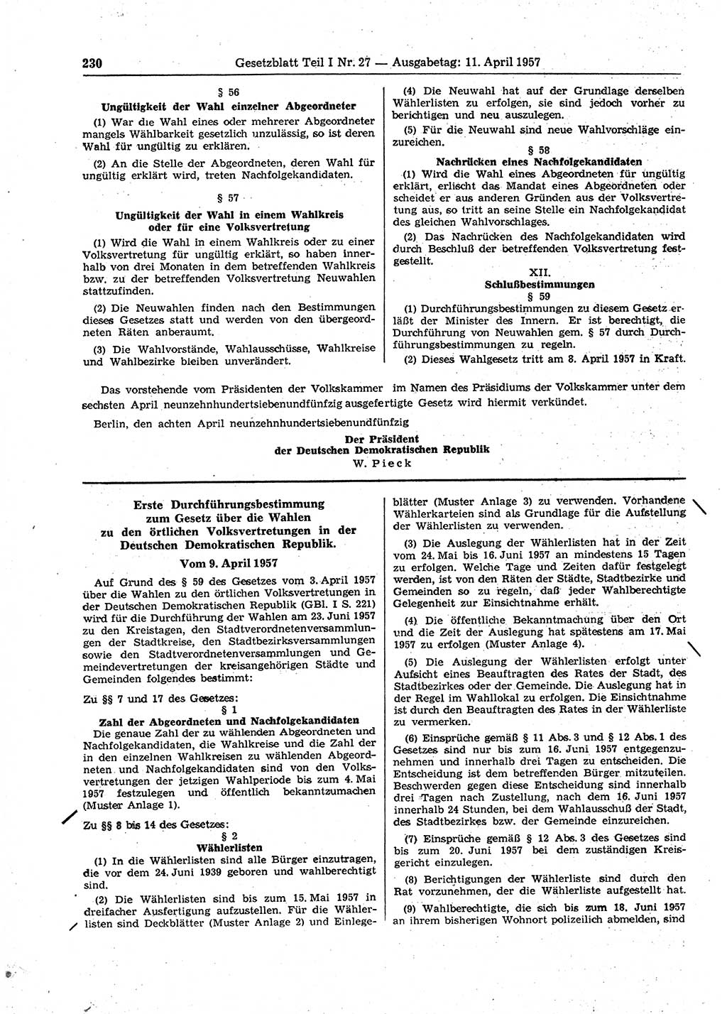 Gesetzblatt (GBl.) der Deutschen Demokratischen Republik (DDR) Teil Ⅰ 1957, Seite 230 (GBl. DDR Ⅰ 1957, S. 230)
