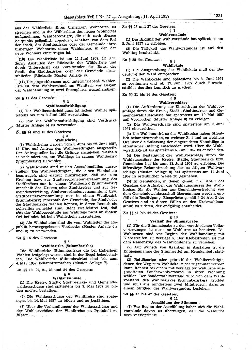 Gesetzblatt (GBl.) der Deutschen Demokratischen Republik (DDR) Teil Ⅰ 1957, Seite 231 (GBl. DDR Ⅰ 1957, S. 231)