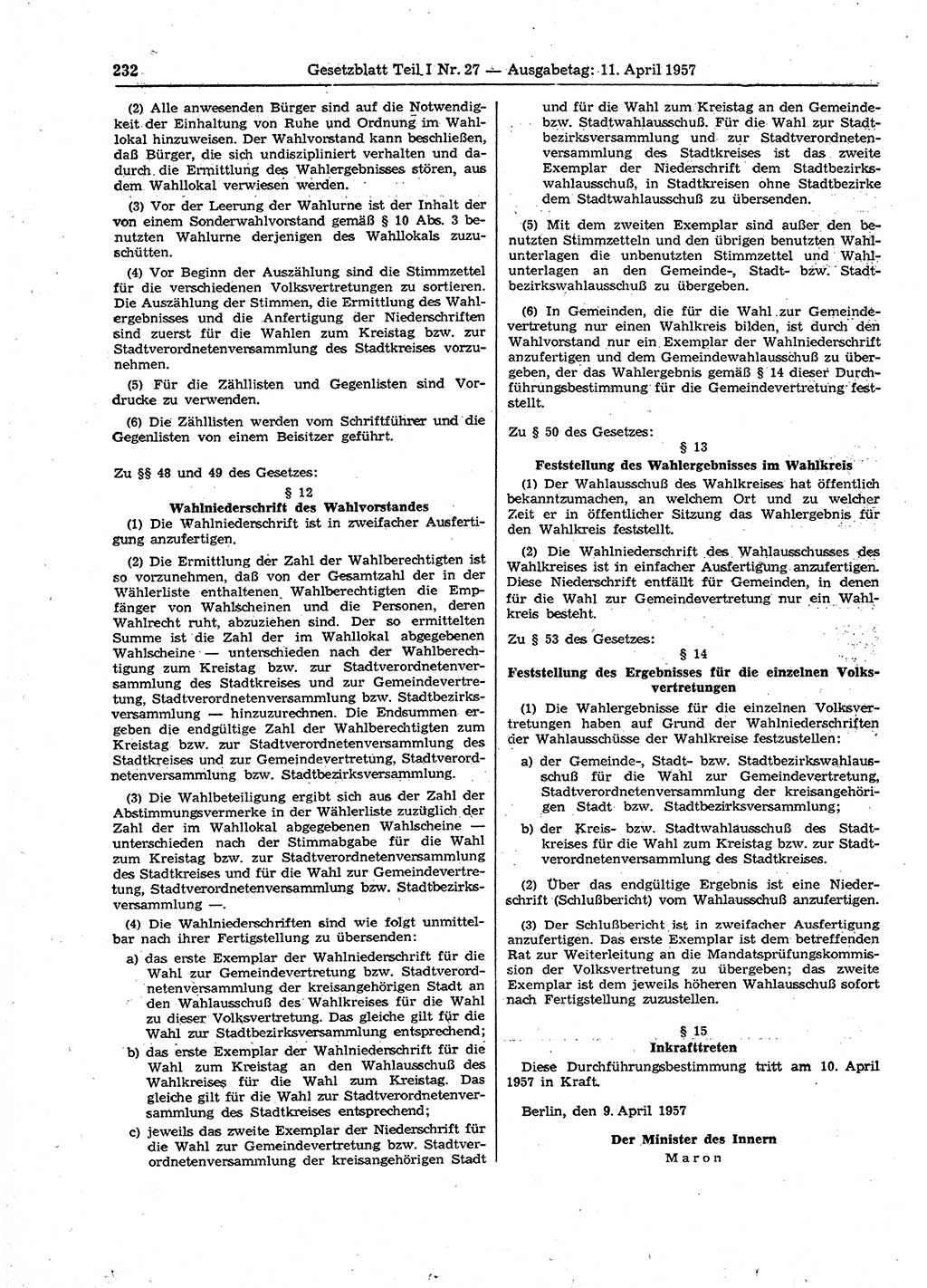 Gesetzblatt (GBl.) der Deutschen Demokratischen Republik (DDR) Teil Ⅰ 1957, Seite 232 (GBl. DDR Ⅰ 1957, S. 232)