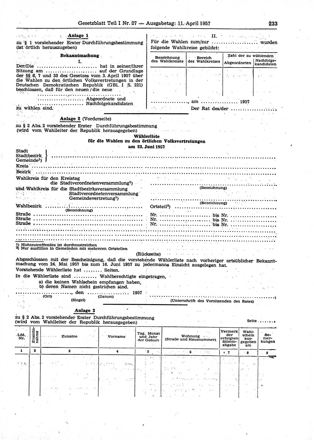 Gesetzblatt (GBl.) der Deutschen Demokratischen Republik (DDR) Teil Ⅰ 1957, Seite 233 (GBl. DDR Ⅰ 1957, S. 233)