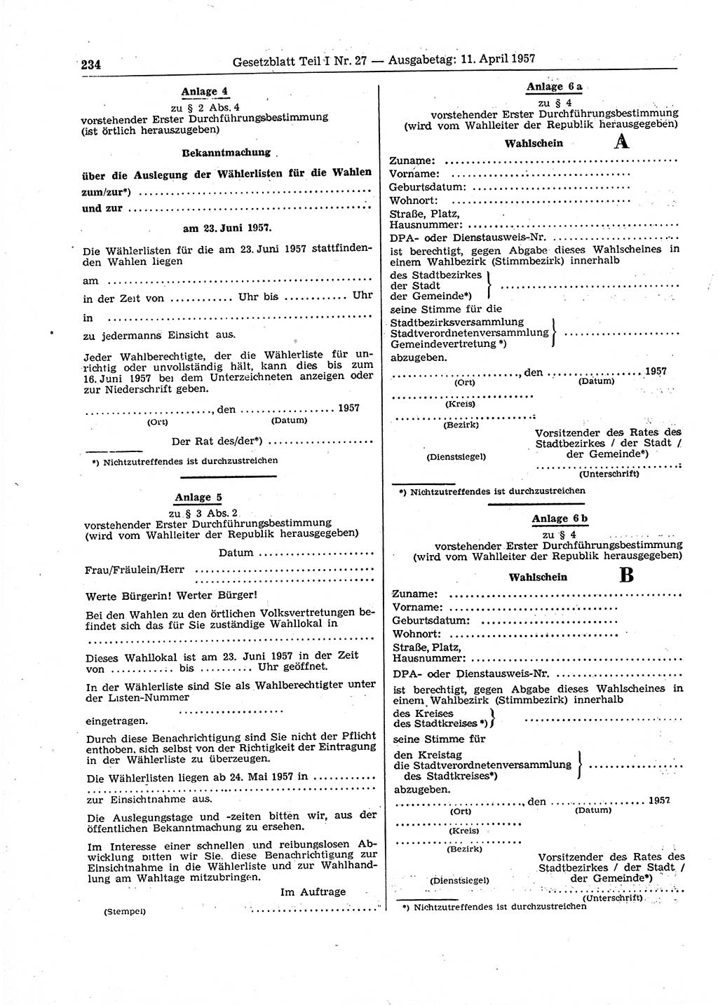 Gesetzblatt (GBl.) der Deutschen Demokratischen Republik (DDR) Teil Ⅰ 1957, Seite 234 (GBl. DDR Ⅰ 1957, S. 234)