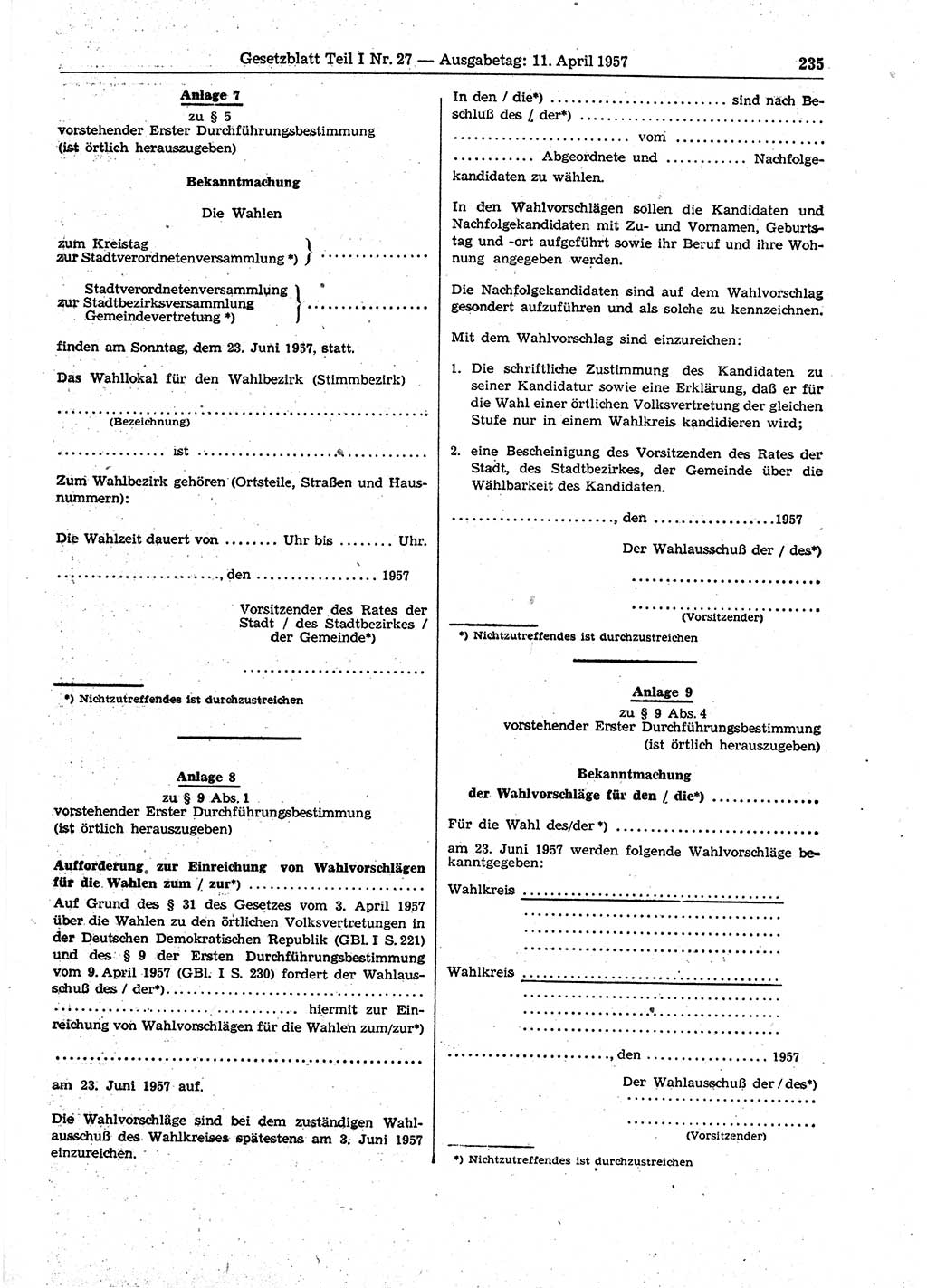 Gesetzblatt (GBl.) der Deutschen Demokratischen Republik (DDR) Teil Ⅰ 1957, Seite 235 (GBl. DDR Ⅰ 1957, S. 235)