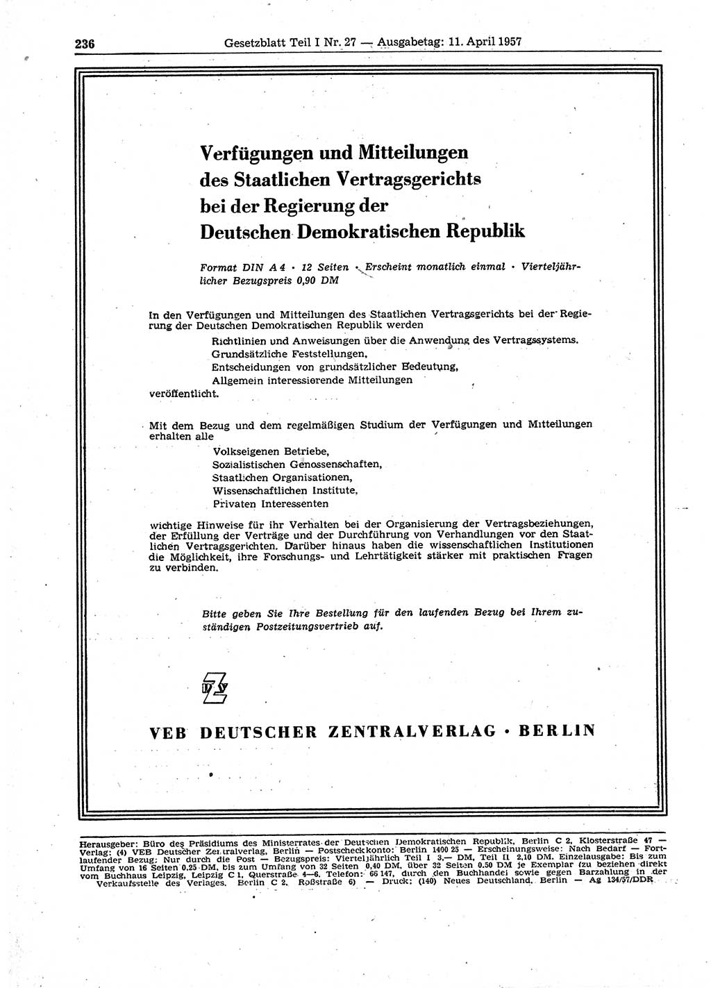 Gesetzblatt (GBl.) der Deutschen Demokratischen Republik (DDR) Teil Ⅰ 1957, Seite 236 (GBl. DDR Ⅰ 1957, S. 236)
