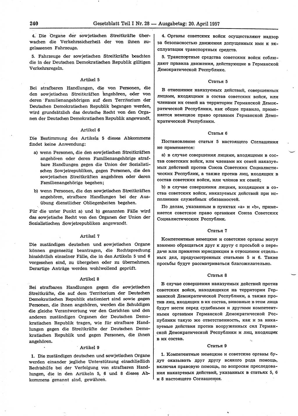 Gesetzblatt (GBl.) der Deutschen Demokratischen Republik (DDR) Teil Ⅰ 1957, Seite 240 (GBl. DDR Ⅰ 1957, S. 240)