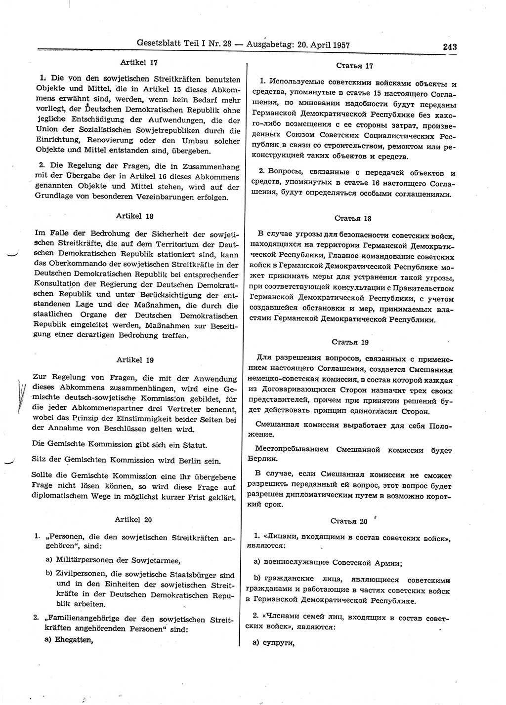 Gesetzblatt (GBl.) der Deutschen Demokratischen Republik (DDR) Teil Ⅰ 1957, Seite 243 (GBl. DDR Ⅰ 1957, S. 243)