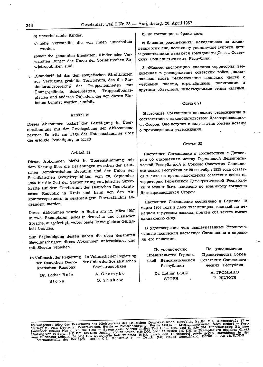 Gesetzblatt (GBl.) der Deutschen Demokratischen Republik (DDR) Teil Ⅰ 1957, Seite 244 (GBl. DDR Ⅰ 1957, S. 244)