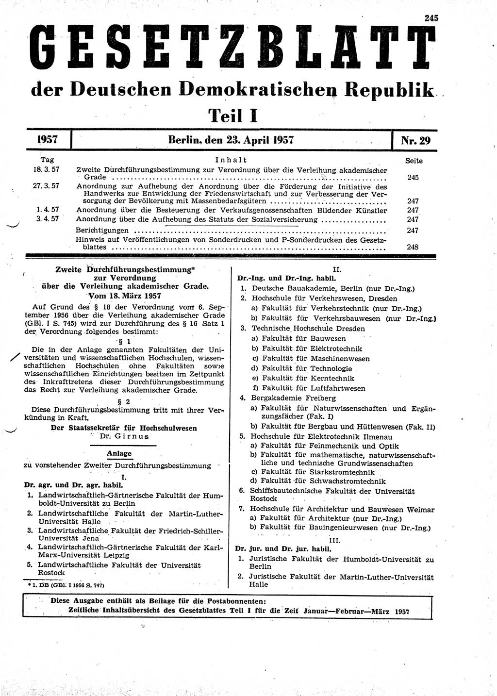 Gesetzblatt (GBl.) der Deutschen Demokratischen Republik (DDR) Teil Ⅰ 1957, Seite 245 (GBl. DDR Ⅰ 1957, S. 245)