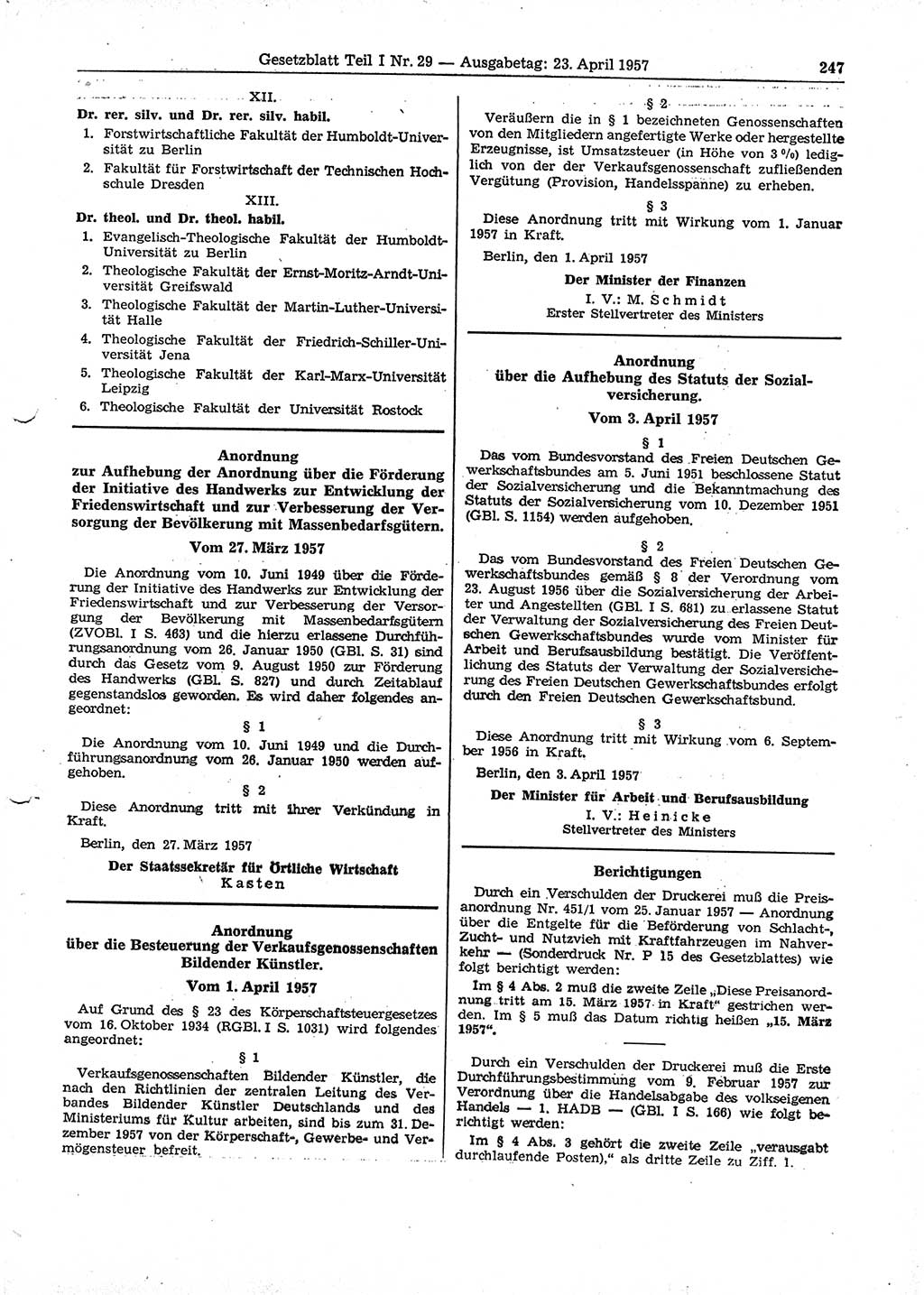 Gesetzblatt (GBl.) der Deutschen Demokratischen Republik (DDR) Teil Ⅰ 1957, Seite 247 (GBl. DDR Ⅰ 1957, S. 247)