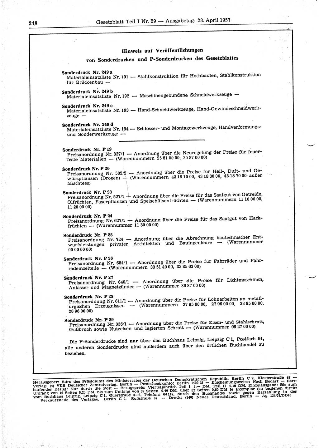 Gesetzblatt (GBl.) der Deutschen Demokratischen Republik (DDR) Teil Ⅰ 1957, Seite 248 (GBl. DDR Ⅰ 1957, S. 248)
