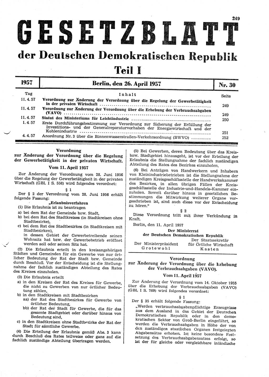 Gesetzblatt (GBl.) der Deutschen Demokratischen Republik (DDR) Teil Ⅰ 1957, Seite 249 (GBl. DDR Ⅰ 1957, S. 249)