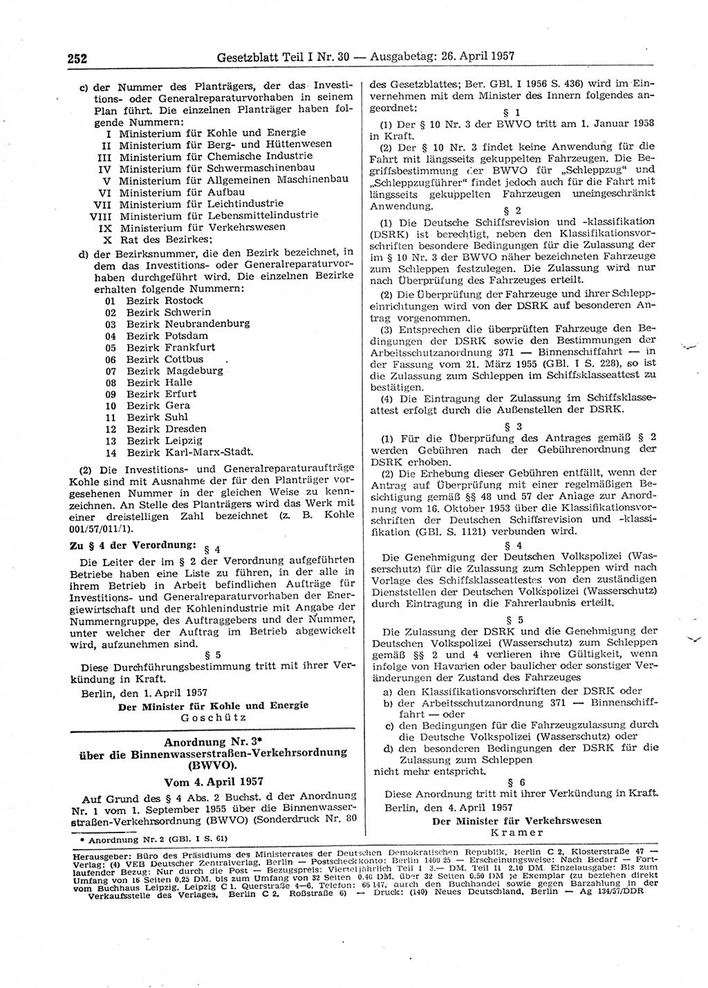 Gesetzblatt (GBl.) der Deutschen Demokratischen Republik (DDR) Teil Ⅰ 1957, Seite 252 (GBl. DDR Ⅰ 1957, S. 252)