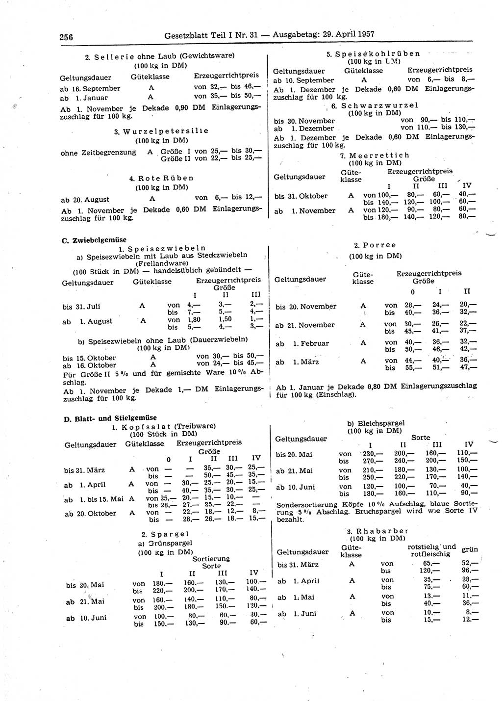 Gesetzblatt (GBl.) der Deutschen Demokratischen Republik (DDR) Teil Ⅰ 1957, Seite 256 (GBl. DDR Ⅰ 1957, S. 256)