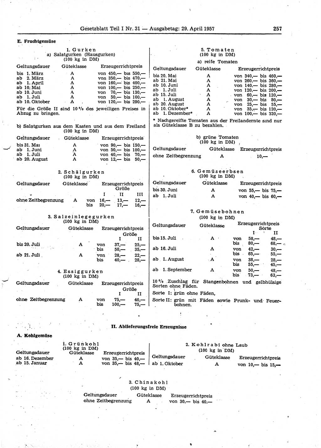 Gesetzblatt (GBl.) der Deutschen Demokratischen Republik (DDR) Teil Ⅰ 1957, Seite 257 (GBl. DDR Ⅰ 1957, S. 257)