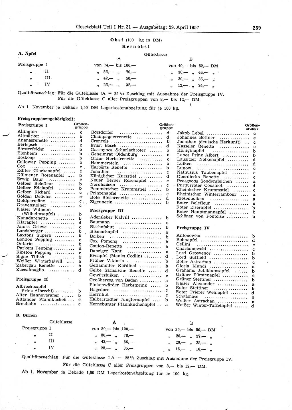 Gesetzblatt (GBl.) der Deutschen Demokratischen Republik (DDR) Teil Ⅰ 1957, Seite 259 (GBl. DDR Ⅰ 1957, S. 259)