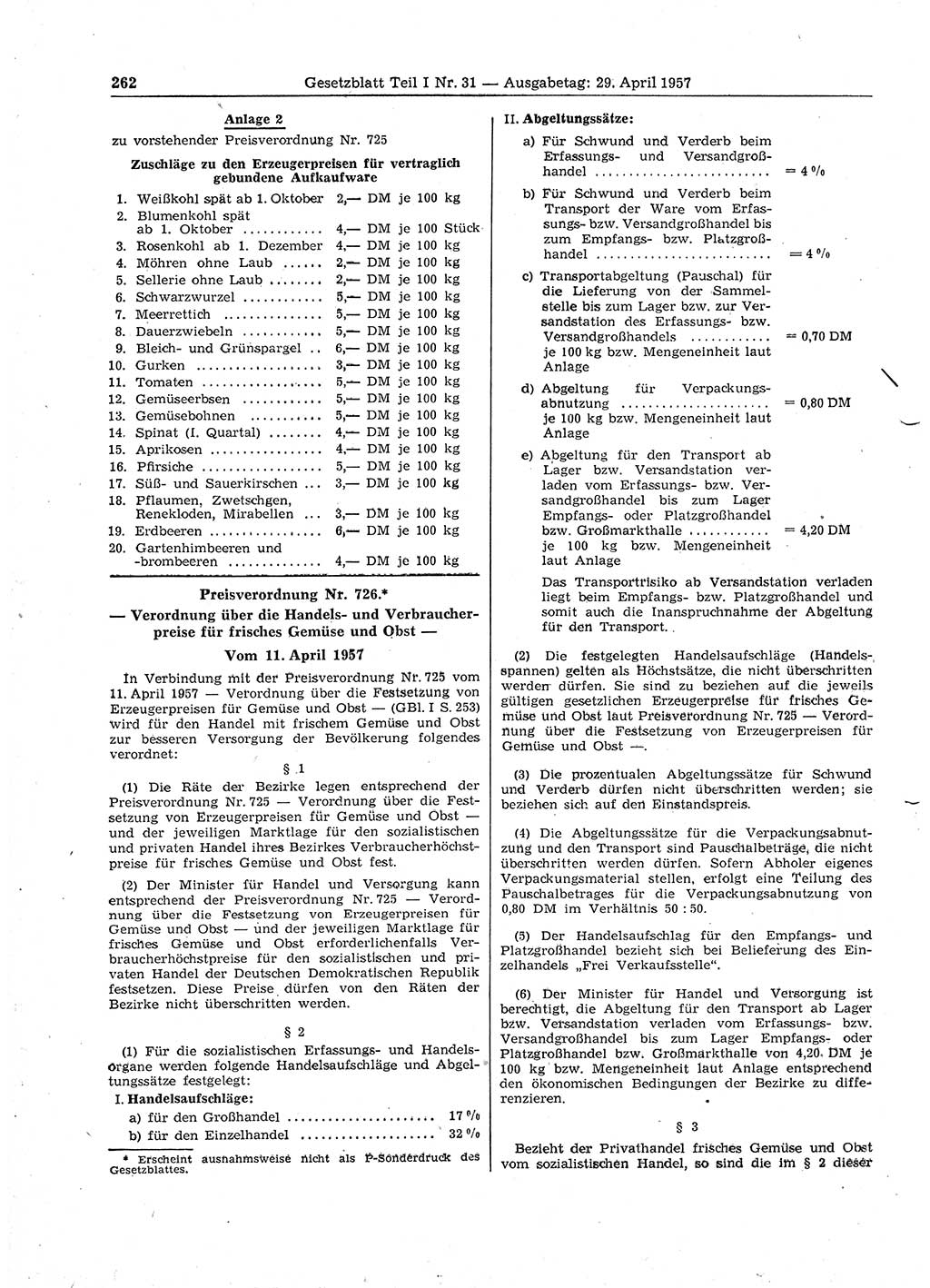 Gesetzblatt (GBl.) der Deutschen Demokratischen Republik (DDR) Teil Ⅰ 1957, Seite 262 (GBl. DDR Ⅰ 1957, S. 262)