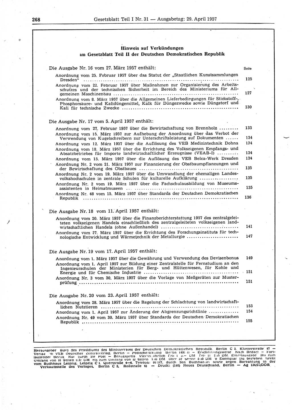 Gesetzblatt (GBl.) der Deutschen Demokratischen Republik (DDR) Teil Ⅰ 1957, Seite 268 (GBl. DDR Ⅰ 1957, S. 268)