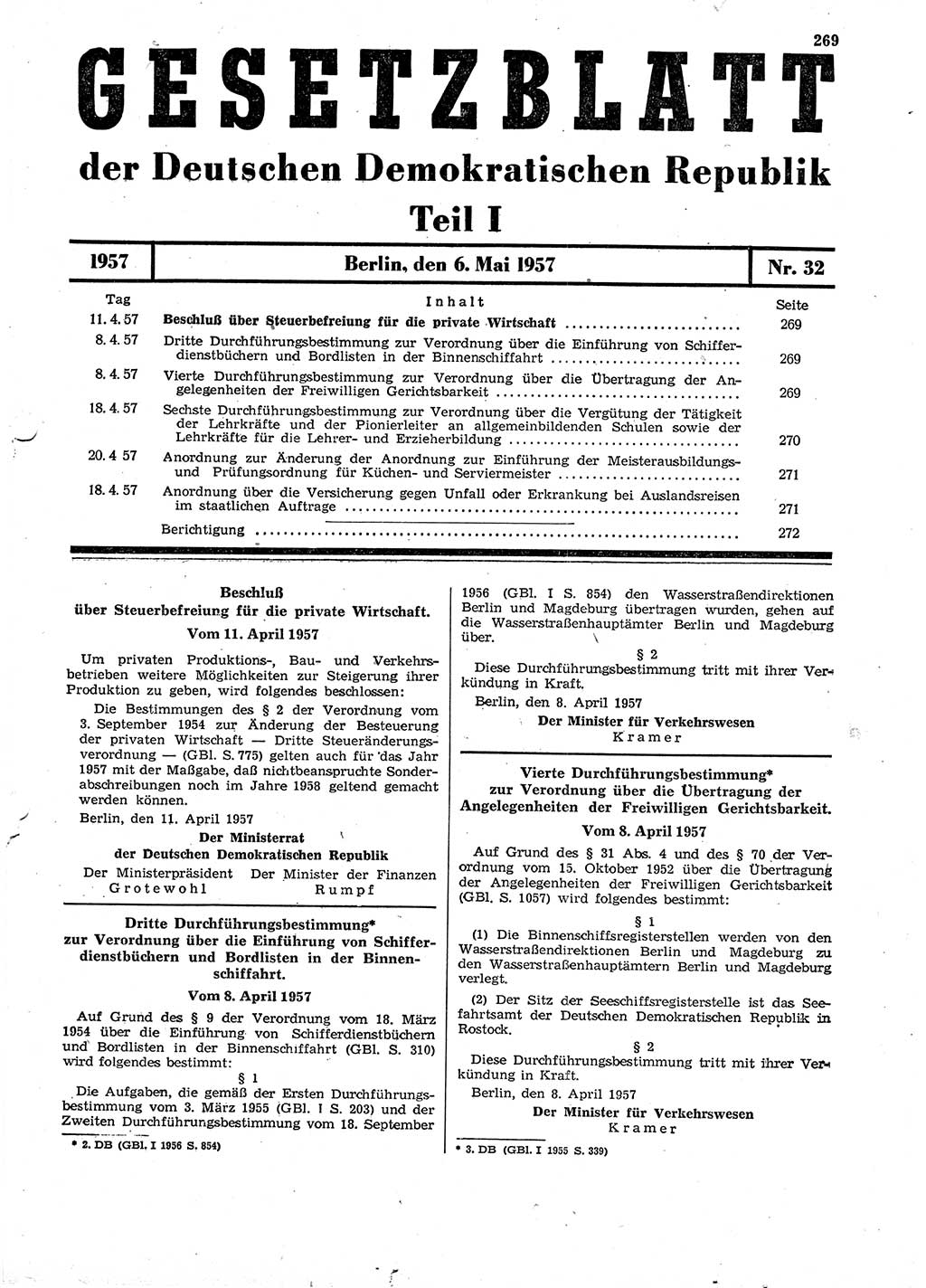 Gesetzblatt (GBl.) der Deutschen Demokratischen Republik (DDR) Teil Ⅰ 1957, Seite 269 (GBl. DDR Ⅰ 1957, S. 269)