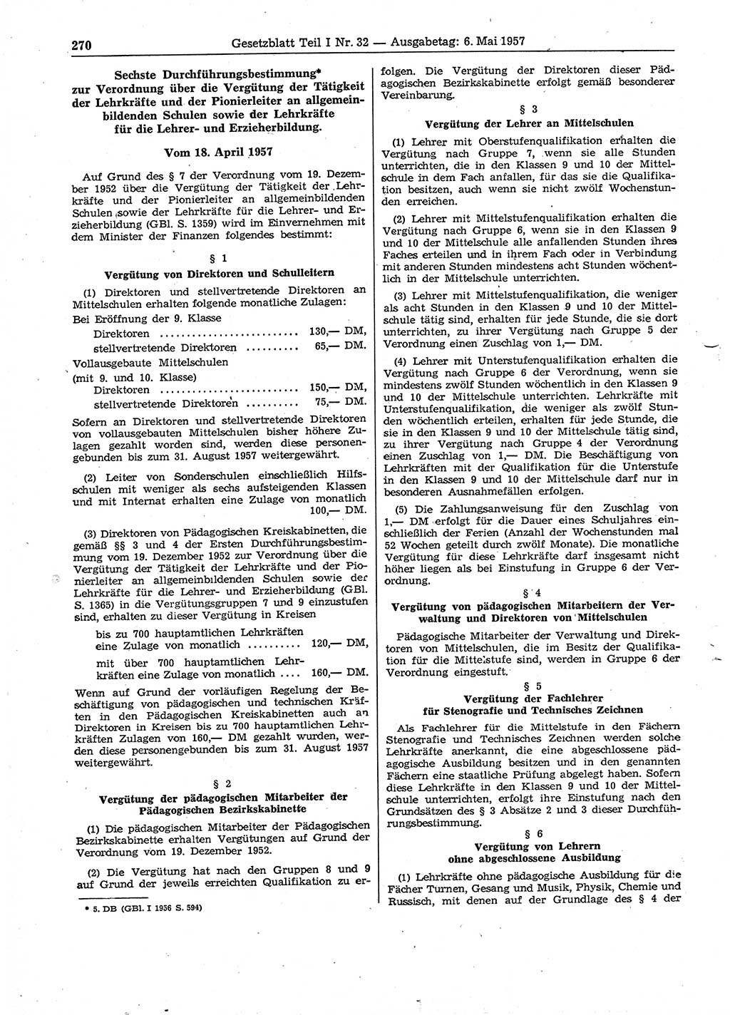 Gesetzblatt (GBl.) der Deutschen Demokratischen Republik (DDR) Teil Ⅰ 1957, Seite 270 (GBl. DDR Ⅰ 1957, S. 270)