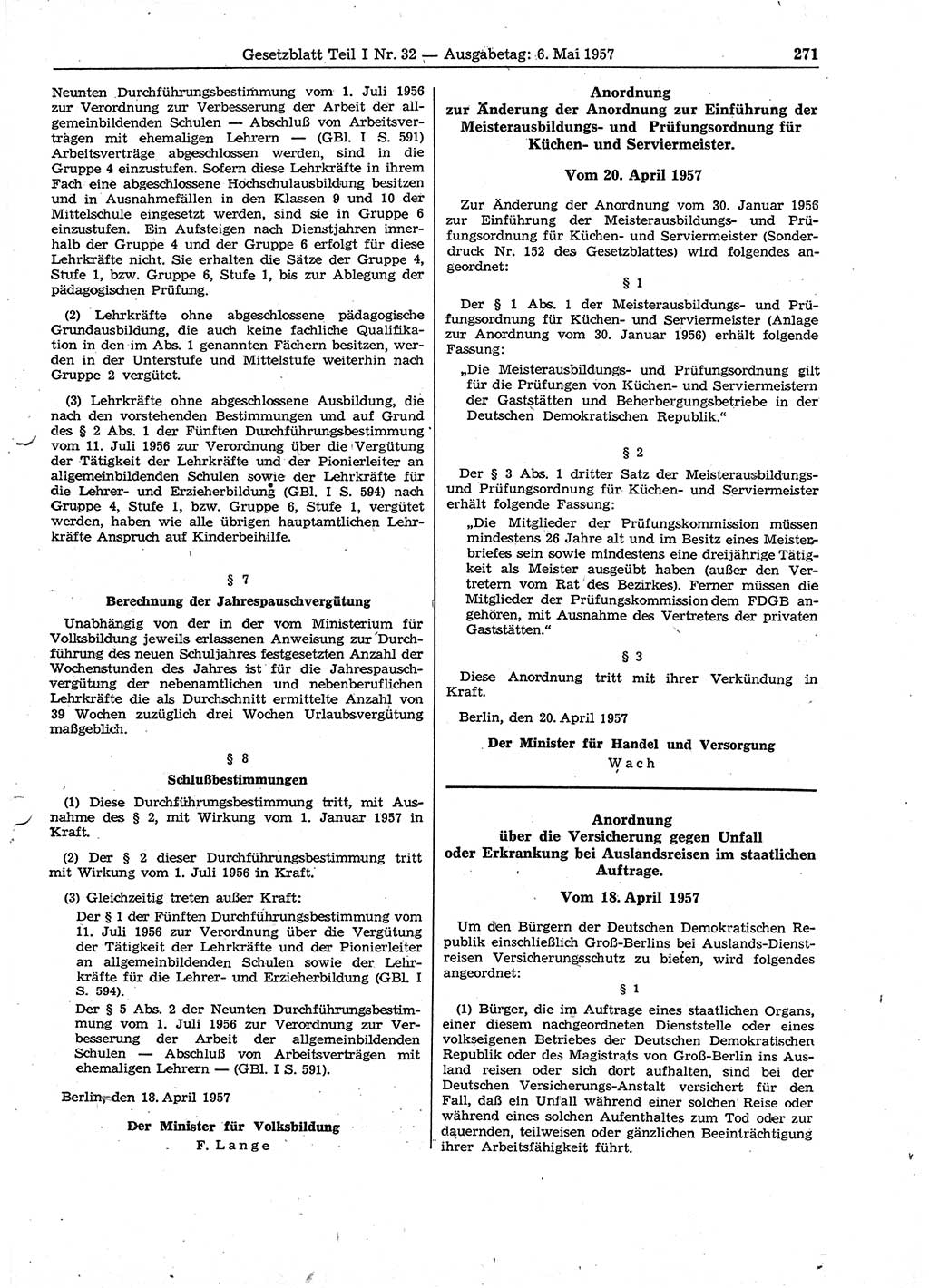 Gesetzblatt (GBl.) der Deutschen Demokratischen Republik (DDR) Teil Ⅰ 1957, Seite 271 (GBl. DDR Ⅰ 1957, S. 271)
