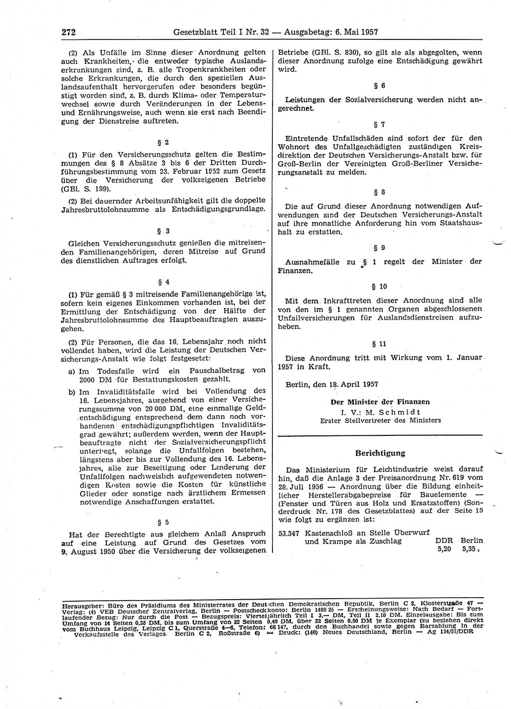 Gesetzblatt (GBl.) der Deutschen Demokratischen Republik (DDR) Teil Ⅰ 1957, Seite 272 (GBl. DDR Ⅰ 1957, S. 272)