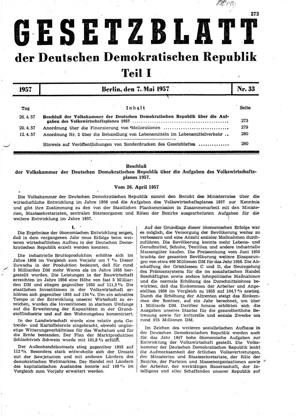 Gesetzblatt (GBl.) der Deutschen Demokratischen Republik (DDR) Teil Ⅰ 1957, Seite 273 (GBl. DDR Ⅰ 1957, S. 273)