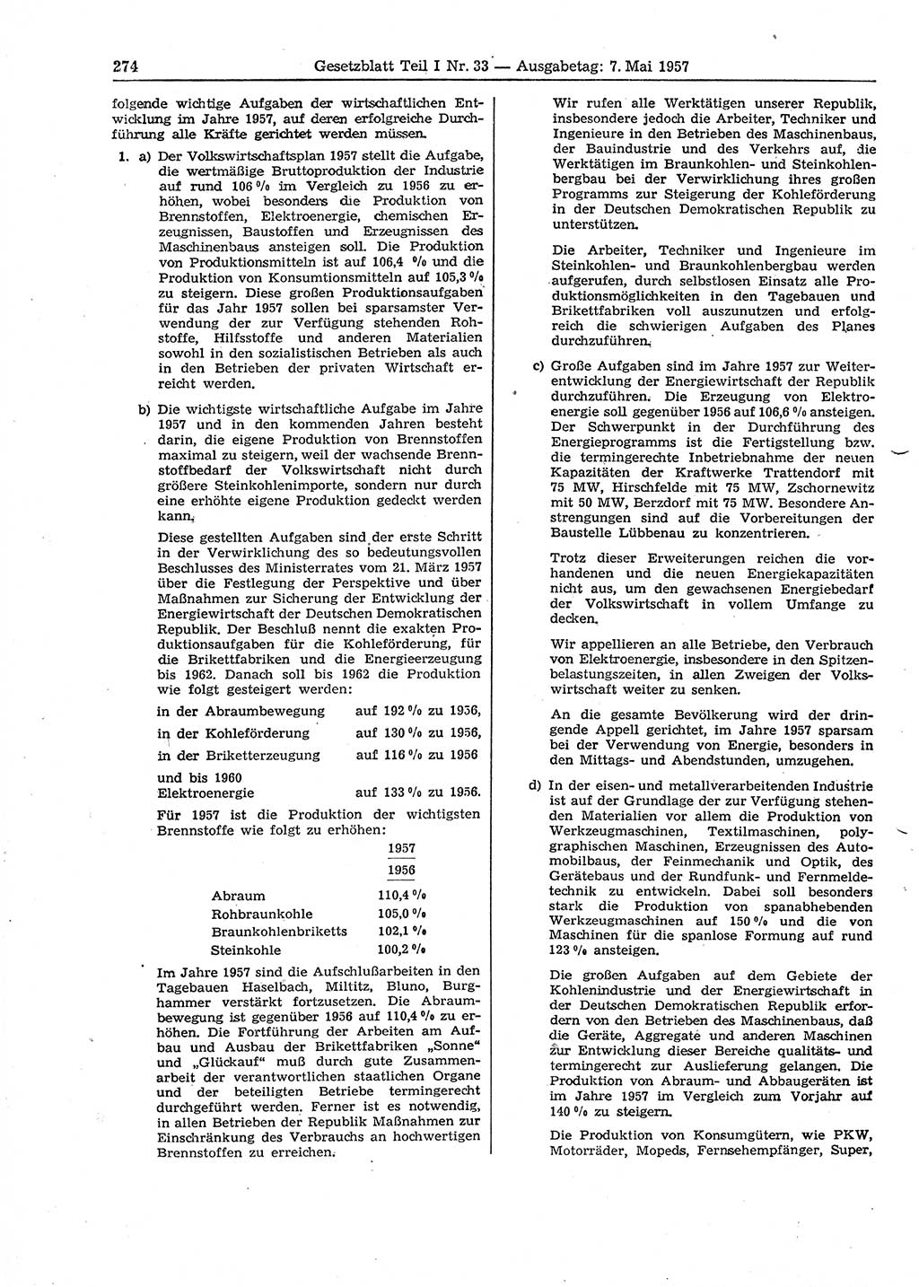 Gesetzblatt (GBl.) der Deutschen Demokratischen Republik (DDR) Teil Ⅰ 1957, Seite 274 (GBl. DDR Ⅰ 1957, S. 274)