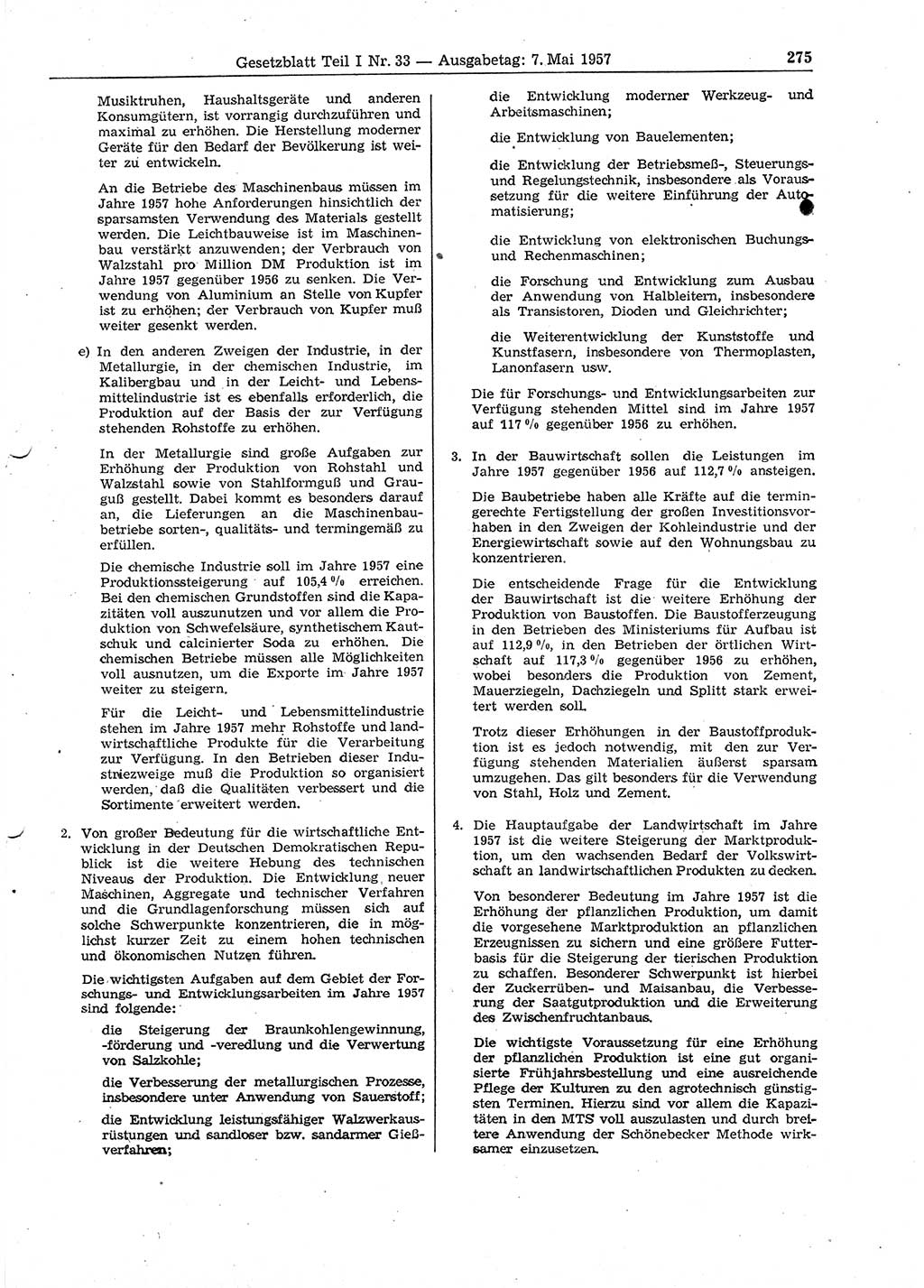 Gesetzblatt (GBl.) der Deutschen Demokratischen Republik (DDR) Teil Ⅰ 1957, Seite 275 (GBl. DDR Ⅰ 1957, S. 275)