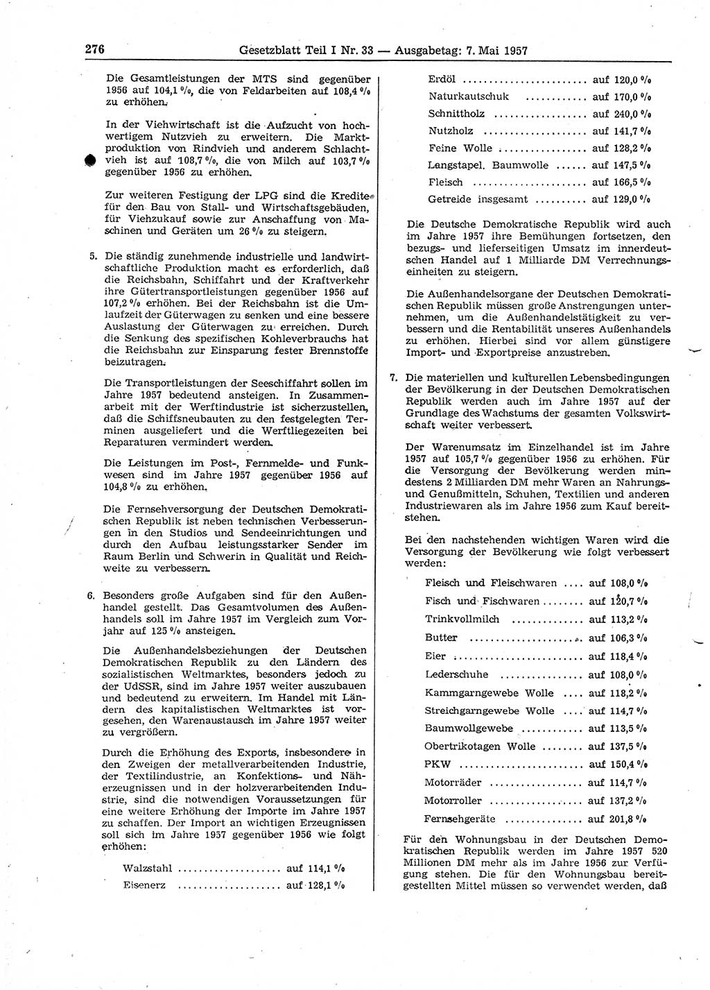 Gesetzblatt (GBl.) der Deutschen Demokratischen Republik (DDR) Teil Ⅰ 1957, Seite 276 (GBl. DDR Ⅰ 1957, S. 276)