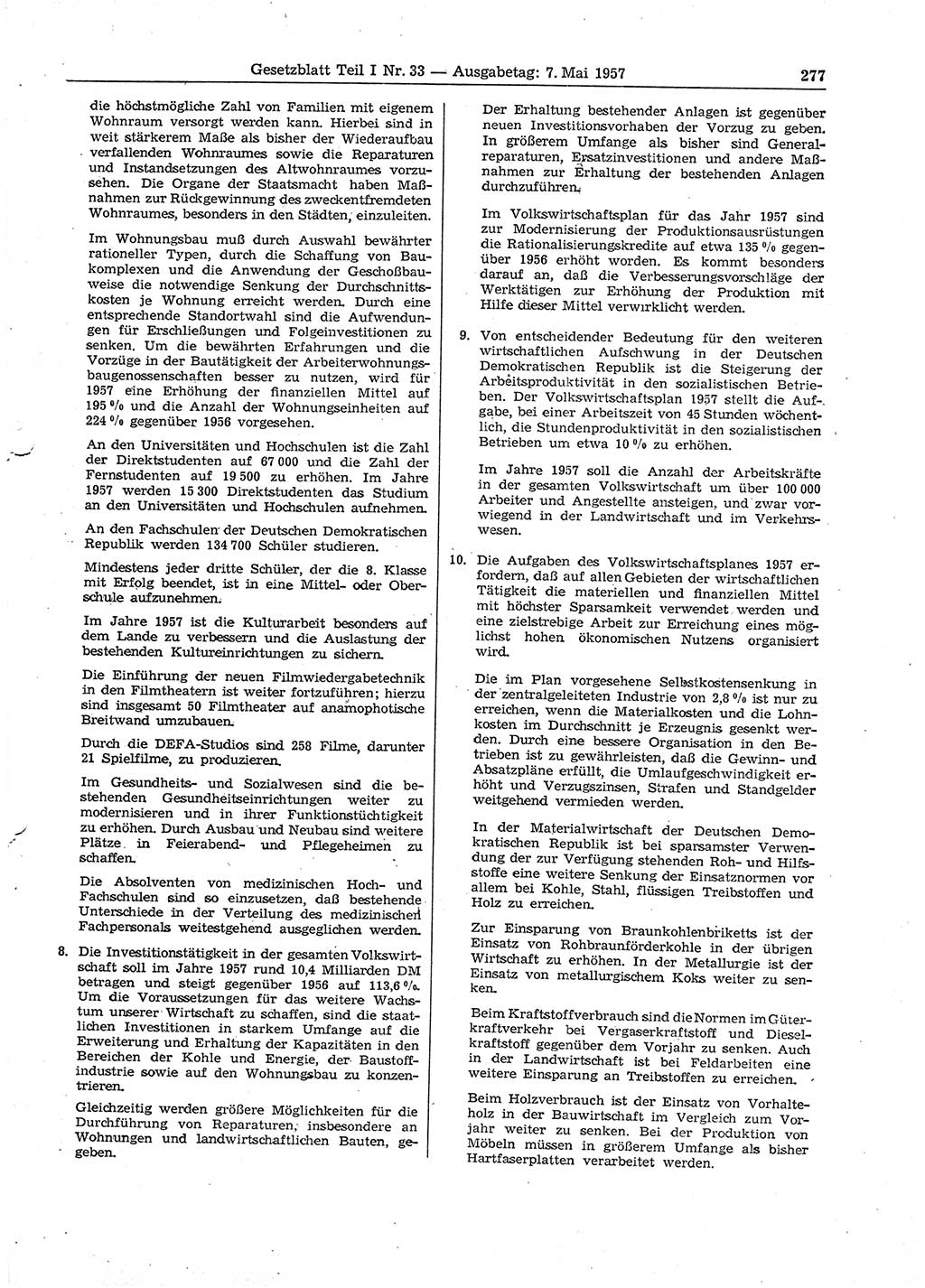 Gesetzblatt (GBl.) der Deutschen Demokratischen Republik (DDR) Teil Ⅰ 1957, Seite 277 (GBl. DDR Ⅰ 1957, S. 277)